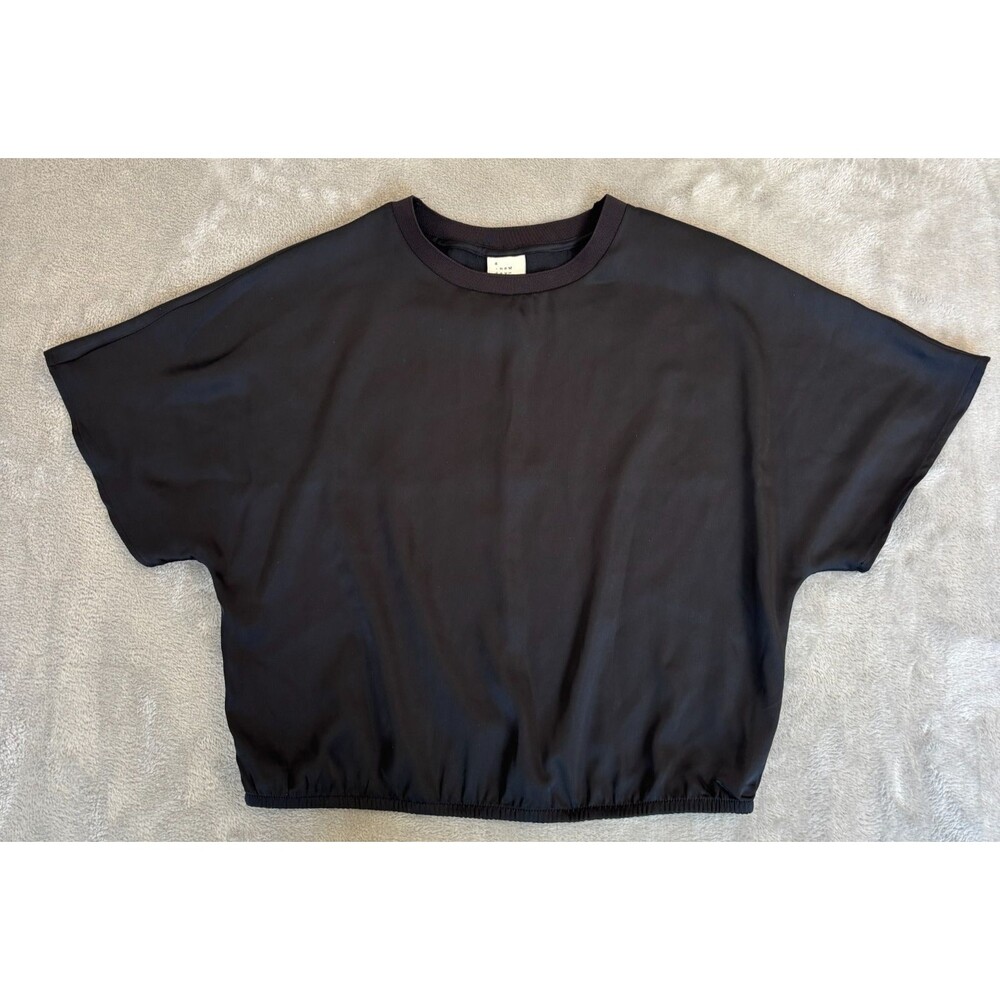 Satin Cropped Dolman Sleeve Top Womens Small Black Minimalist Elastic Hem